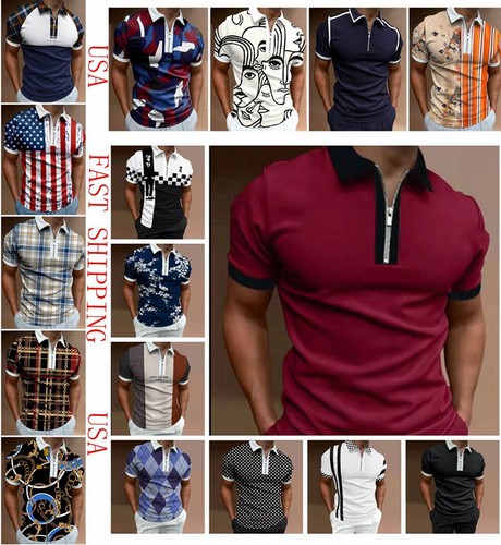 Polo T Shirt Men's Zipper Collar Fashion Golf Long Short Sleeve Two Tone Zip Tee - Picture 1 of 47