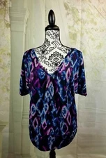 AB Studio womens short sleeve stretch knit top size large geometric print b2