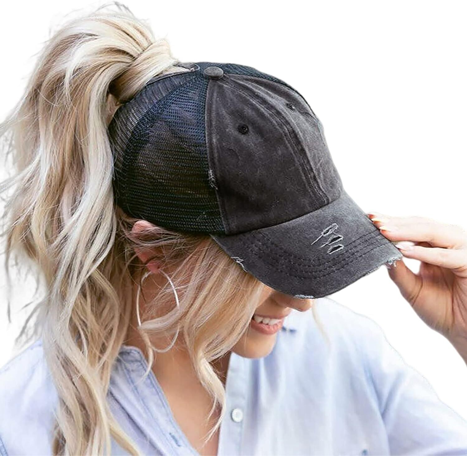 Distressed Ponytail Hats Baseball for Women Messy Bun Pony Caps 7 7 3 8 Black