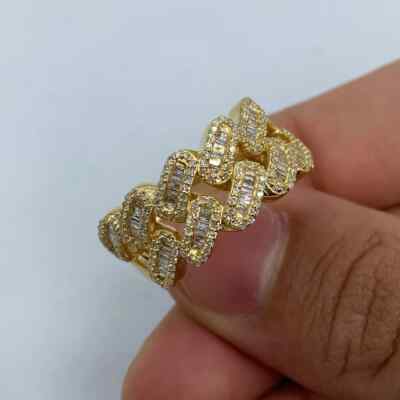 2 CT Baguette & Round Moissanite Cuban Link Band Ring 14k Yellow Gold Plated