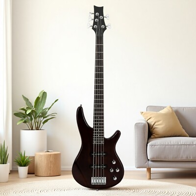 5-String Beginner P-Style Electric Bass Guitar Set - JJ Pickups Full Size Brown