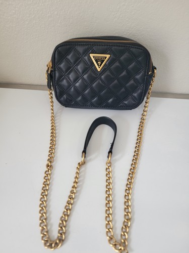 GUESS Giully Quilted Camera Crossbody Bag Black Gold Chain Women’s Purse
