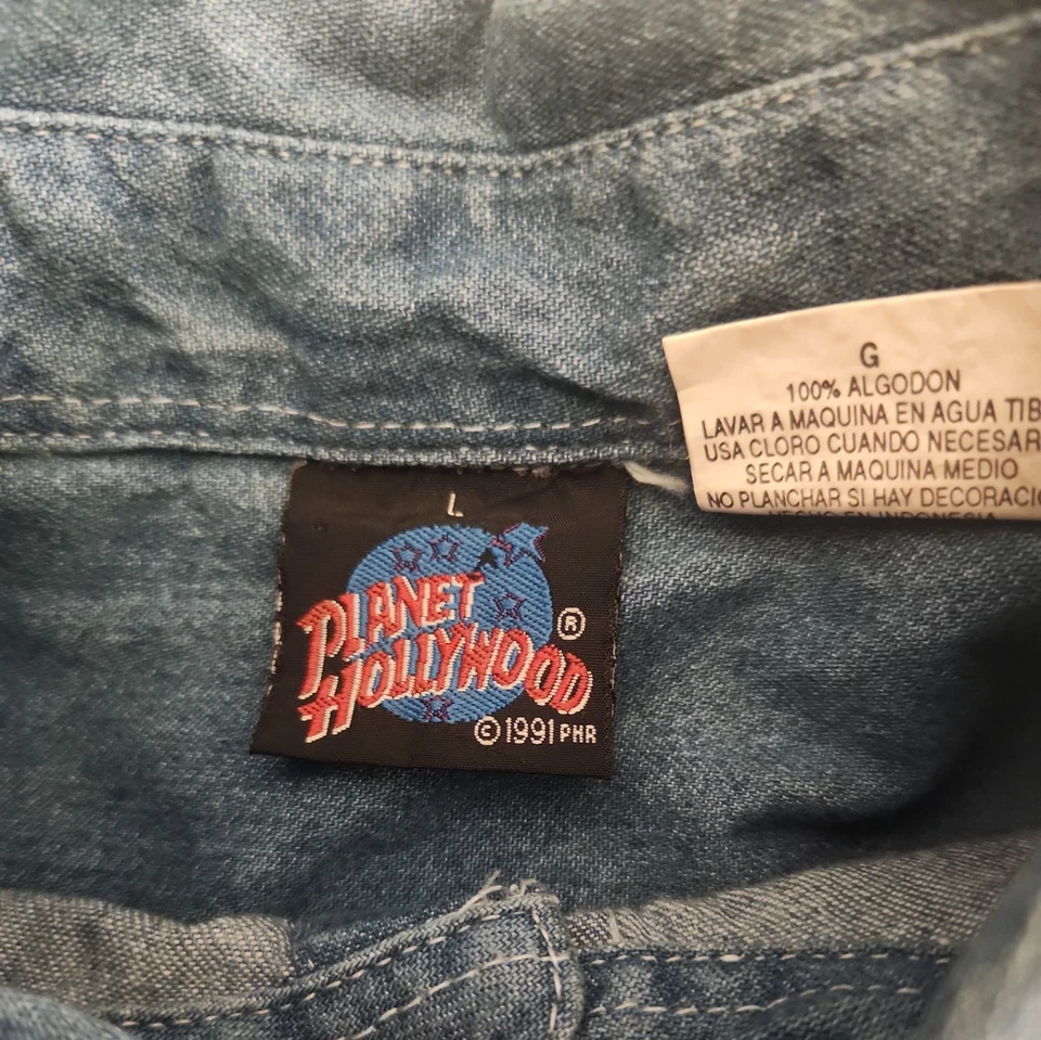 Винтажная мужская рубашка 90-х Planet Hollywood размер XL джинсовая ткань Nashville на пуговицах 1991 - Изображение 3 из 4