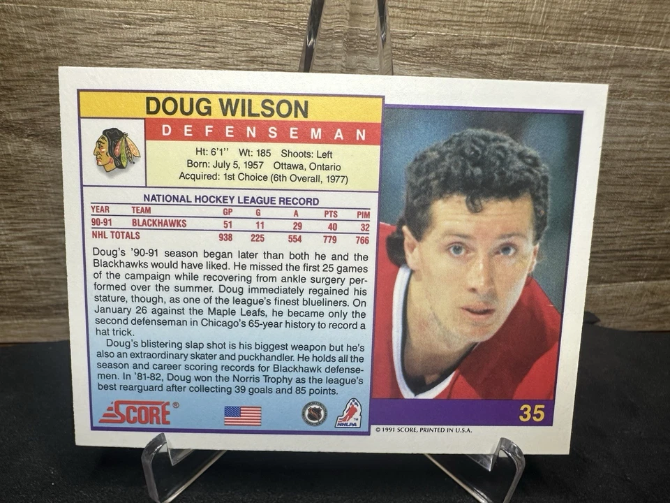 1991-92 Score American No35 Даг Уилсон Chicago Blackhawks Лично На Карте С АВТОГРАФОМ - Изображение 2 из 2
