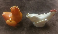 2 Vintage Plastic Chicken Rooster Flapping Wings Crowing Whistle Toy Egg Laying 