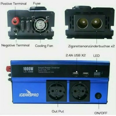 1000W Wechselrichter 12V auf 220V AC Auto Konverter 2 USB EU Stecker 