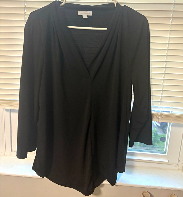 Charter Club Women's Black Solid V-Neck 3/4 Sleeve Pullover Top Size L