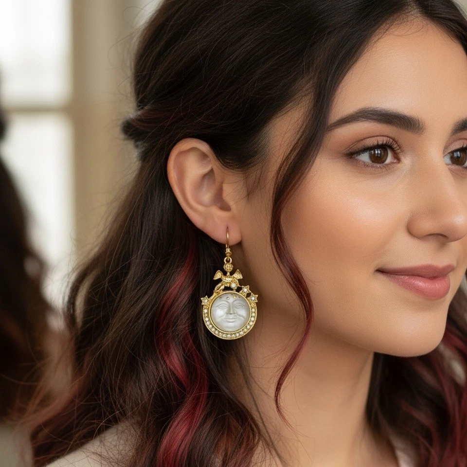 Pendientes Cara Luna Celestial Oro Estrella Ángel De Colección Perla Circonita Circonita Circonita Declaración Art Deco Foto 2 de 4