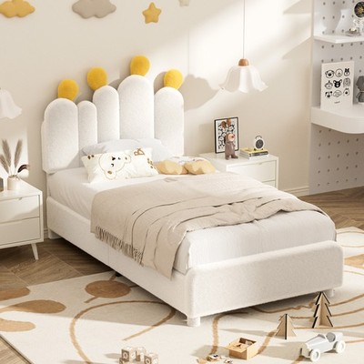 Boucle Upholstered Bed Frame with cactus headboard - platform bed for kids