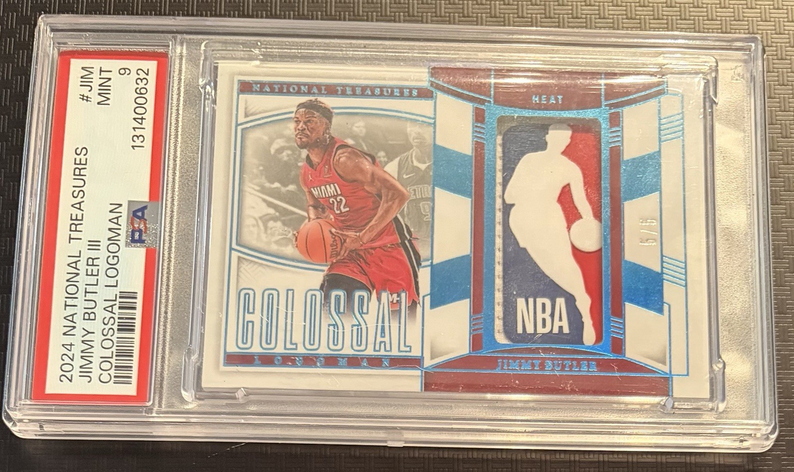2024-25 Panini National Treasures Jimmy Butler Colossal Logoman 5/5 PSA 9 POP 1 view 1
