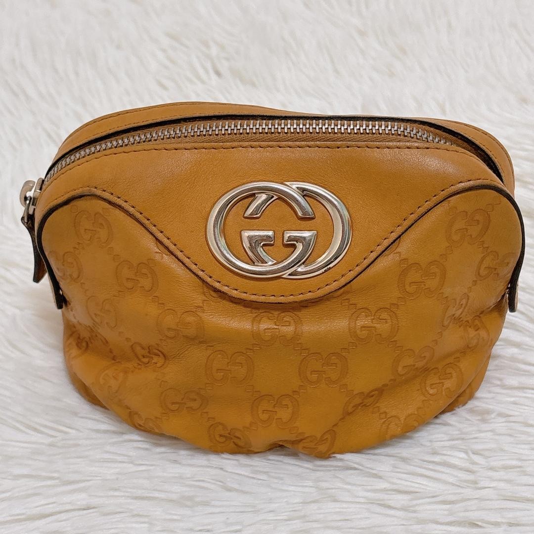 Gucci Shima Leather Pouch Yellow Interlocking Logo Makeup Bag