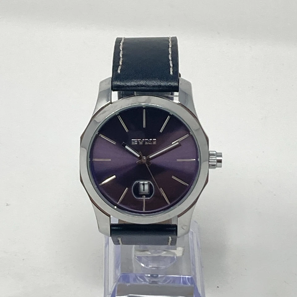 Eyki Watch Men 42mm Silver Tone Date Bubble Purple Dial Round New Battery 9" - Image 3 of 4