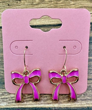 Hypoallergenic Dangle Drop Earrings 19.5mm long Gold Dark Pink Fuchsia Bow RTS