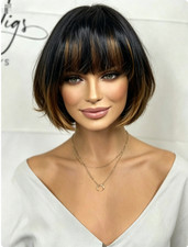 Short Ombre Honey Brown Wigs with Bangs 100 Human Hair Wigs None Lace