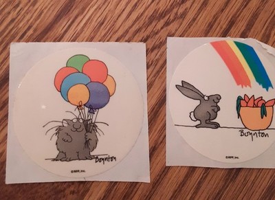 Lot of 2 Vintage RPP Boynton Stickers Cat w/ Balloons & RARE Bunny Rainbow