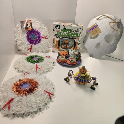Mix Lot Halloween Decorations, Eye Ball/ Skull Wall Hanging, Mini Tea Set & More