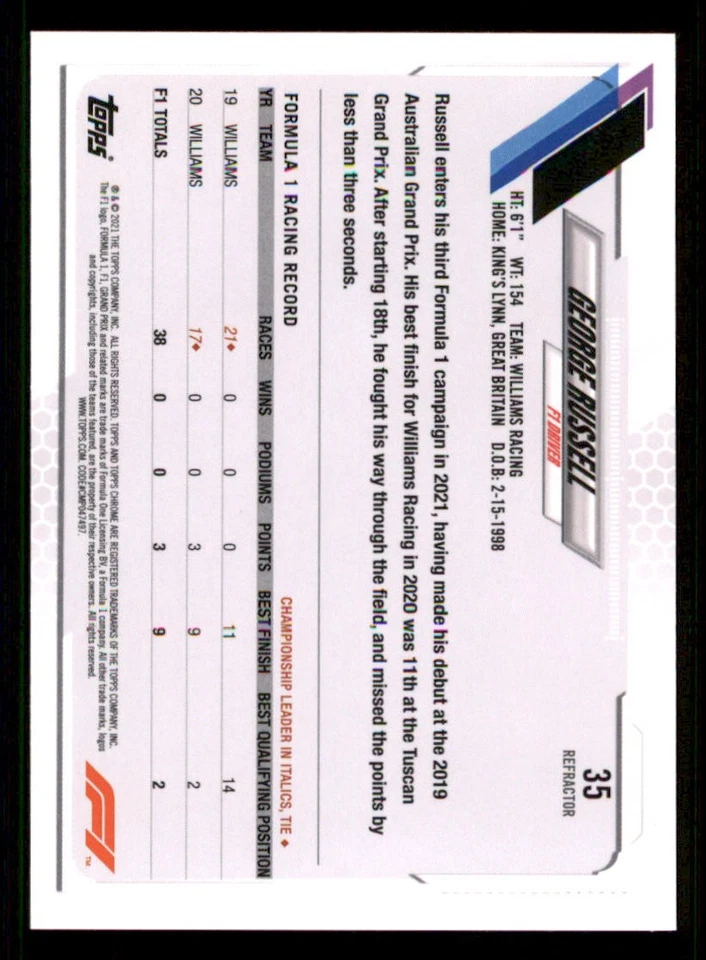 2021 Topps Chrome Formula 1 Refractors #35 George Russell - Image 2 of 2