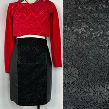 Vintage 80s Leather Lace Pencil Skirt High Waisted Black CHIA Size 10