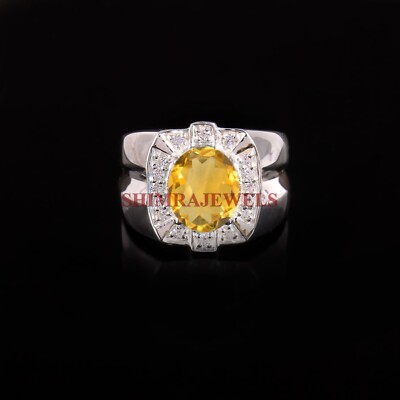 Natural Citrine Gemstone With 14K White Gold Plated Silver Ring For Men's #1374