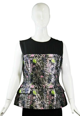 CHRISTIAN DIOR Raf Simons Black Silk Silver Multi Brocade Blouse Top IT 48 12 M
