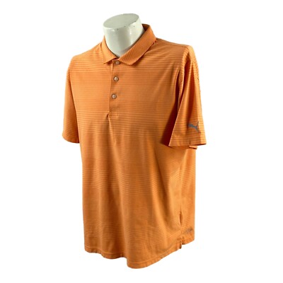 Puma Men's Dry Cell Short Sleeve Polyester Orange Stripe Golf Polo Shirt Large