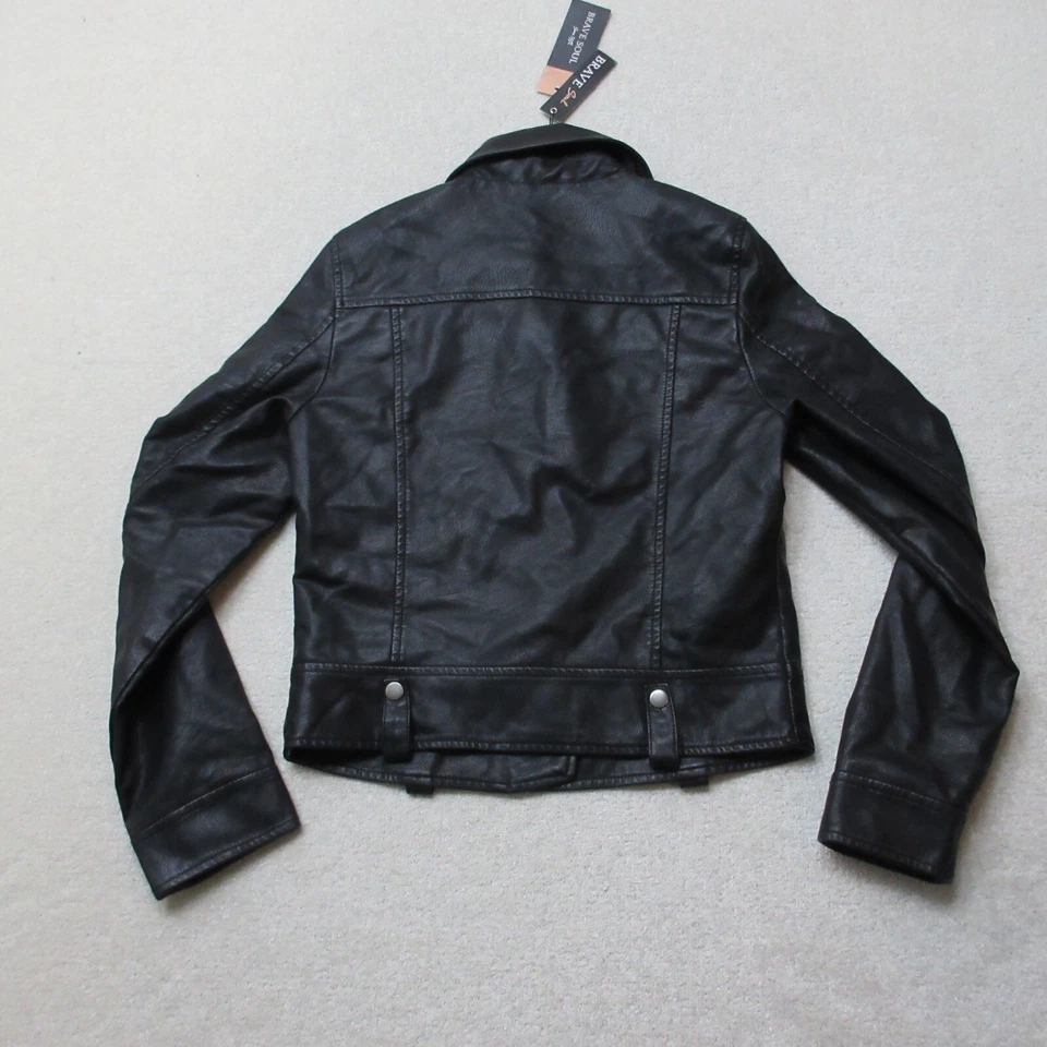 Brave Soul Biker Jacket Womens UK 8 Black Faux Leather Full Zip EU 36 NWT - Image 2 of 4