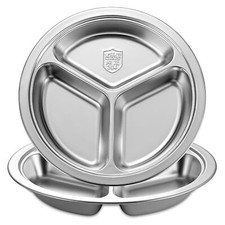 Set of 2 9.5-Inch Stainless Steel Round Divided Plates 3-Section Portion