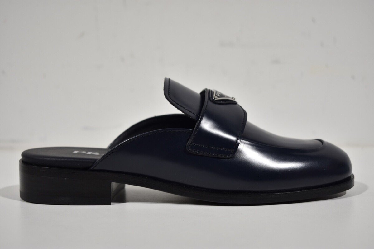 Prada Navy Blue Leather Triangle Silver Logo Loafer Slip On
