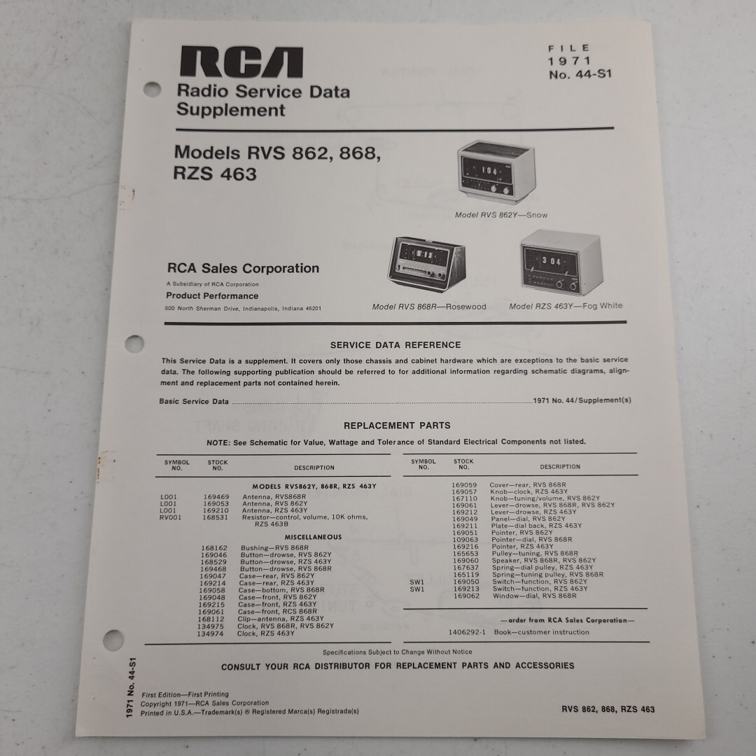 RCA Radio Service Data Model RVC 728 735 RZS 461 468 474 File 1971