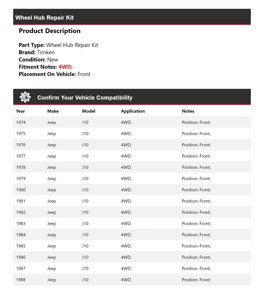 For 1974-1988 Jeep J10 4WD Wheel Hub Repair Kit Front Timken 1975 1976 1977 1978 - Image 2 of 4
