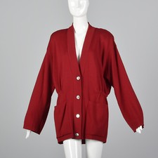 L 1980s Oversized Red Knit Cardigan Long Sleeve Wool Separates 80s VTG