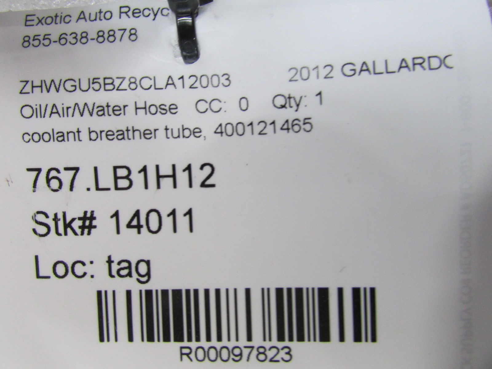Lamborghini Gallardo LP550,560,570, Coolant Breather Tube, Used, P/N 400121465
