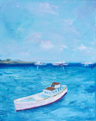 Seascape Painting White Boat Original Art Canvas Artwork Impasto 16 by 20 in