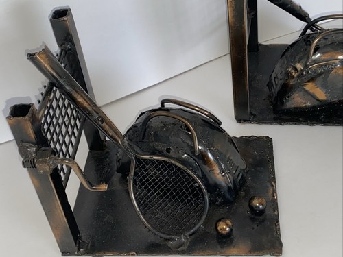 Vintage Pair of Bookends Heavy Metal Tennis Racket, Balls Net Racket & Bag - Picture 9 of 12