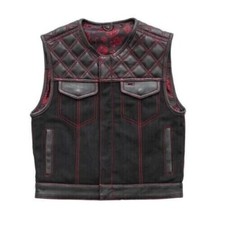 Men's Biker Vest Hunt Club Black Leather Red Diamond Red Paisley Motorcycle Ves