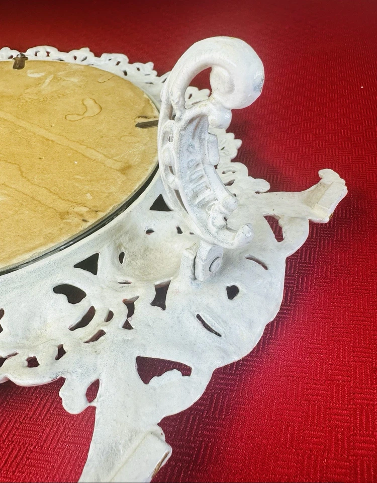 Espejo de tocador grande de hierro fundido blanco ornamentado marco de desplazamiento caballete de mesa soporte Foto 3 de 4