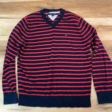 Tommy Hilfiger Mens XL V-Neck Sweater Navy Blue Red Striped 100 Pima Cotton