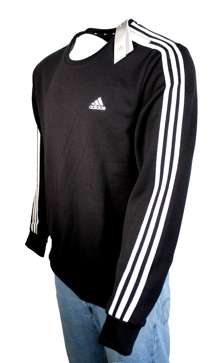 ADIDAS Size XL 43-46.5" Black Crew Neck 3 Stripe Fleece Men Sweatshirt MSRP $55