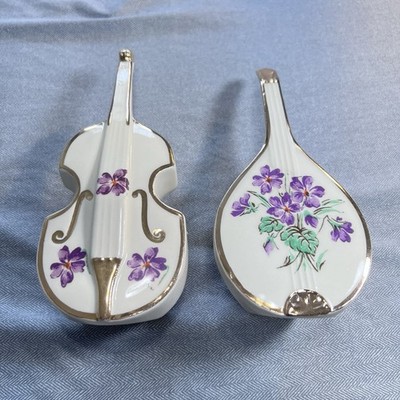 Vintage Moyer Hand Painted Violets Mandolin & Cello Set Wall Vase / Wall Pocket