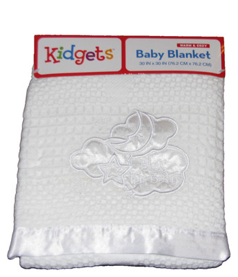 KIDGETS WHITE BLESS THIS BABY MOON STAR CLOUD SATIN ACRYLIC BLANKET CHRISTENING