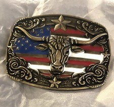 New Patriotic Longhorn Belt Buckle Gold Patina Tone American Flag Background.