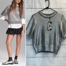 Future Collective Short Sleeve Crewneck Sweater Metallic Silver Gray XS Top NWT