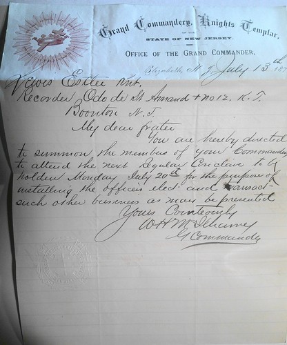1874 Handwritten Letter NJ Knights Templar Grand Commandery Elizabeth Masonic