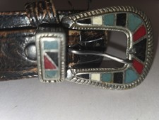 Vtg Womens Silver Creek Native American Zuni Style Buckle Tooled Leather Belt 34