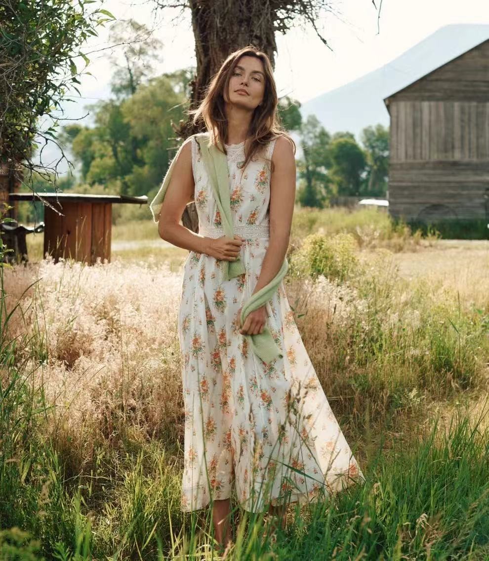 White Floral Sleeveless A-Line Midi Dress | Doen Liliane