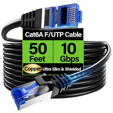Cat6A Ethernet Cable Shielded 10Gbps 50 Ft, Slim Shielded (F/UTP) Ethernet Cable