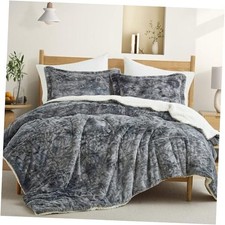 Sherpa Comforter Set Queen Size 3 Pieces,Soft Queen 90"x90" 01 Foggy Gray