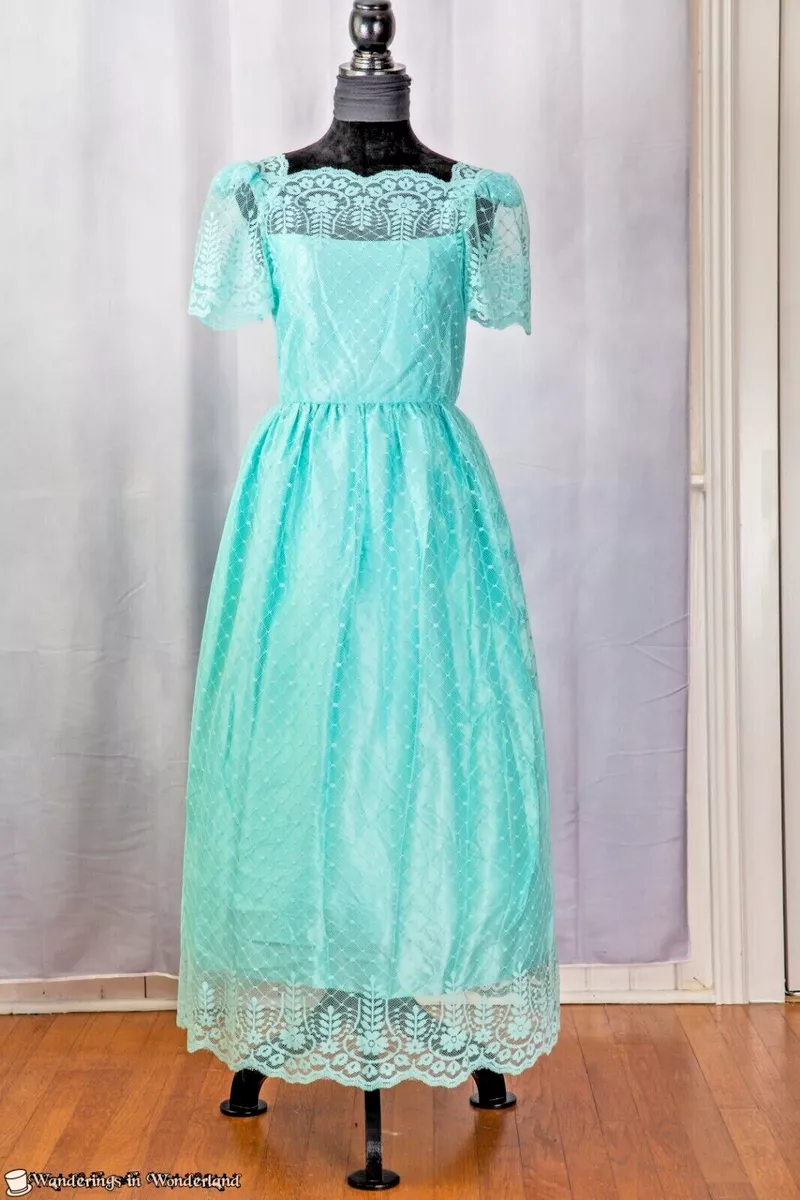 Vintage 70s Lace Aqua Gown Size 7 8 JC Penney Dress Prom Bridesmaid Costume