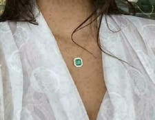 4Ct Asscher Cut Green Emerald Halo Women's Pendant Necklace 14k Yellow Gold Over