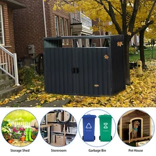 Metal Outdoor Garbage Bin Shed Stores 2 Trash Cans for Garden Yard Lawn